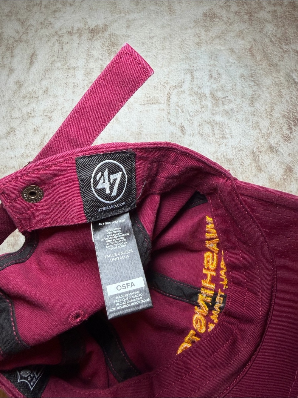 Washington Football Team Burgundy Yellow Adjustable Baseball Cap - Picture 5 of 9